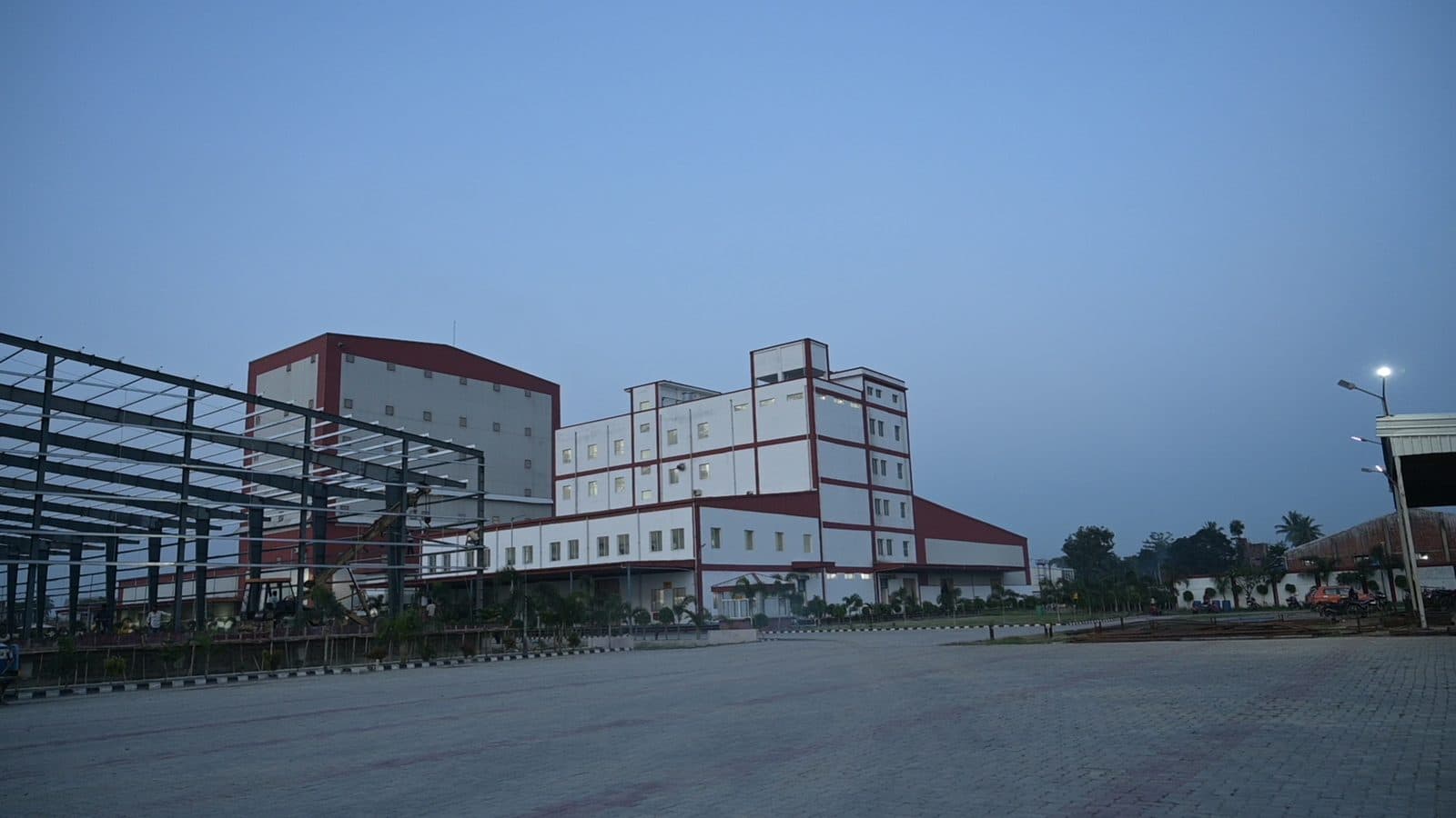 Facility expansion illuminated at night